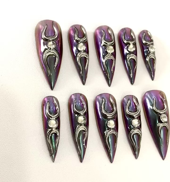 Moonveil Chrome Press-On Nails – Handmade Gothic Purple Aura Stiletto Nail Set