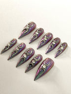 Handmade Gothic Triple Moon Chrome Press-On Nails | Purple Aura Stiletto Nails | Witchcore Alternative Nail Set