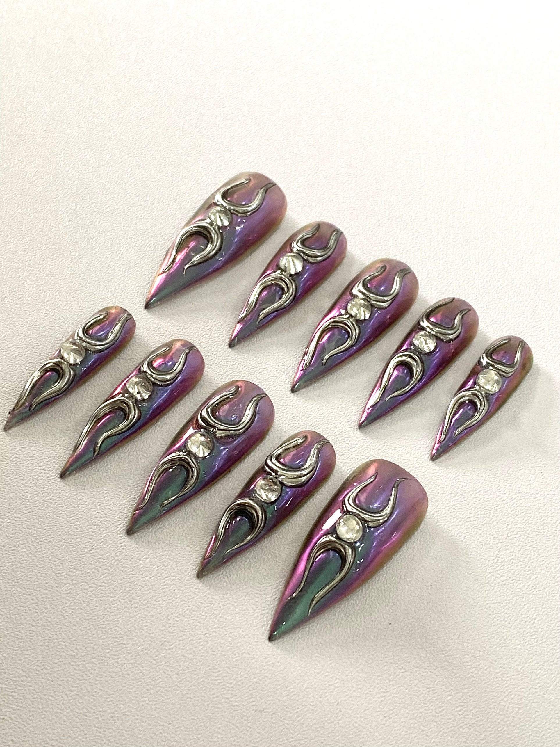 Moonveil Chrome Press-On Nails – Handmade Gothic Purple Aura Stiletto Nail Set