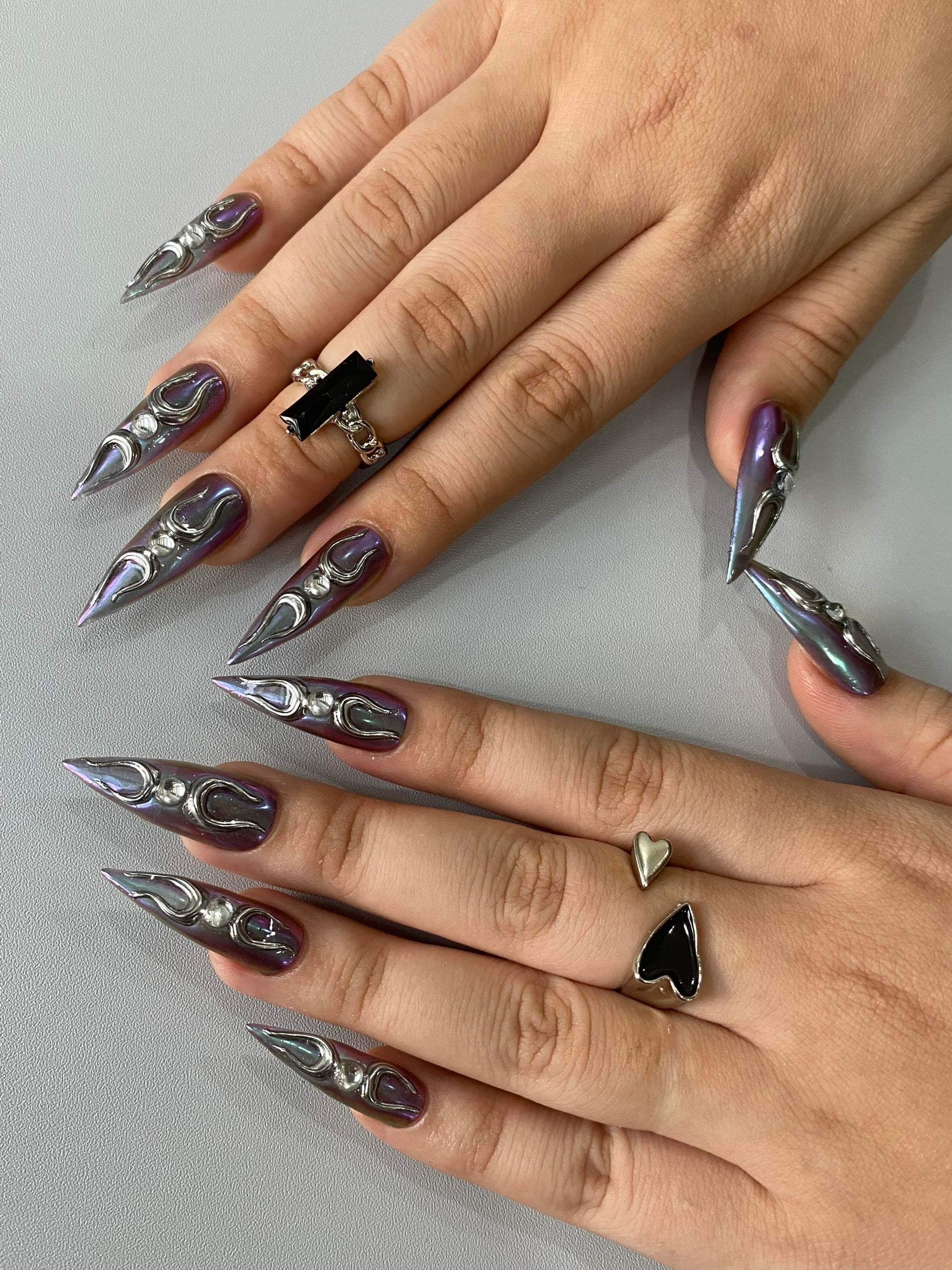 Moonveil Chrome Press-On Nails – Handmade Gothic Purple Aura Stiletto Nail Set