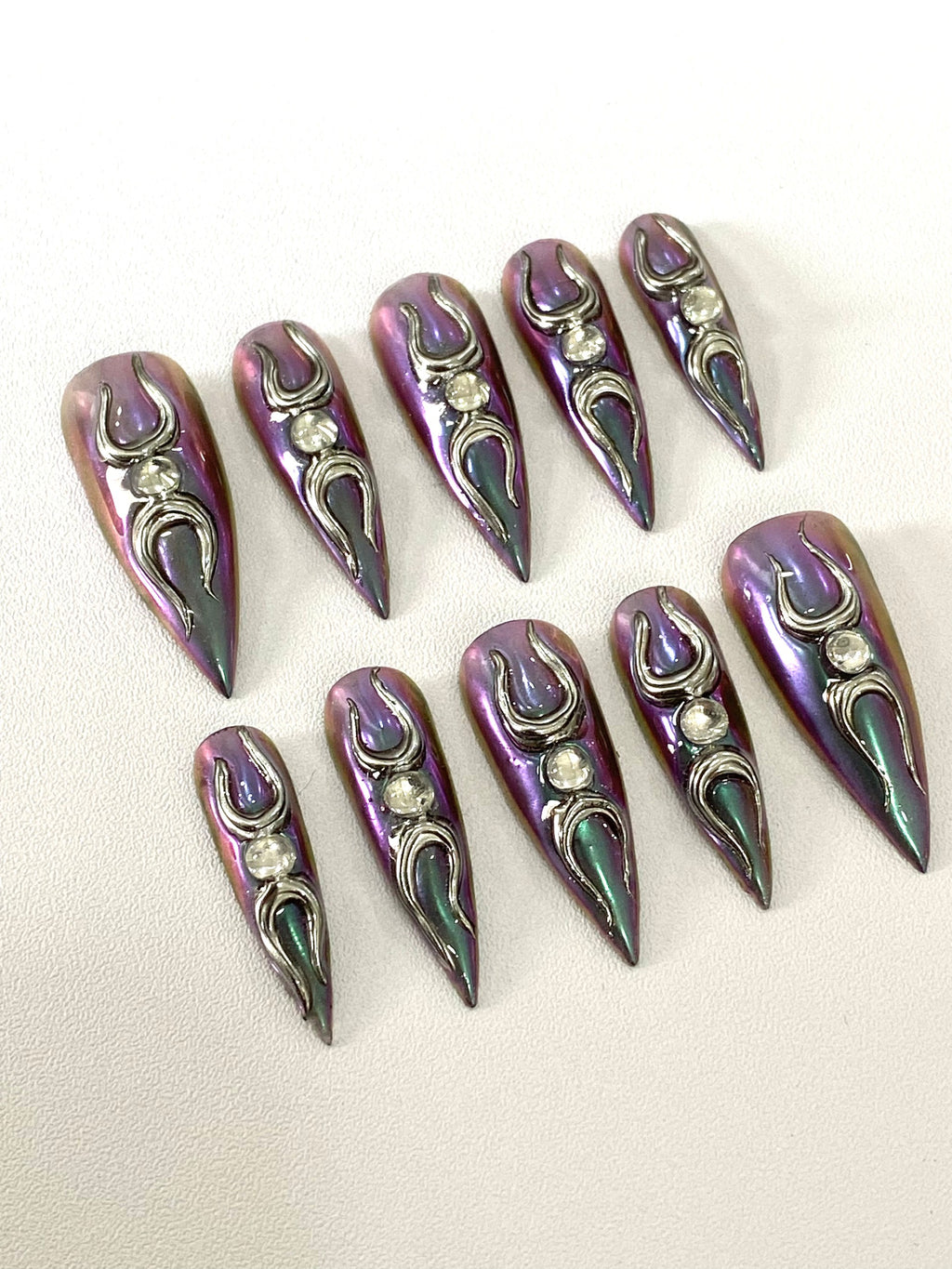 Handmade Gothic Triple Moon Chrome Press-On Nails | Purple Aura Stiletto Nails | Witchcore Alternative Nail Set