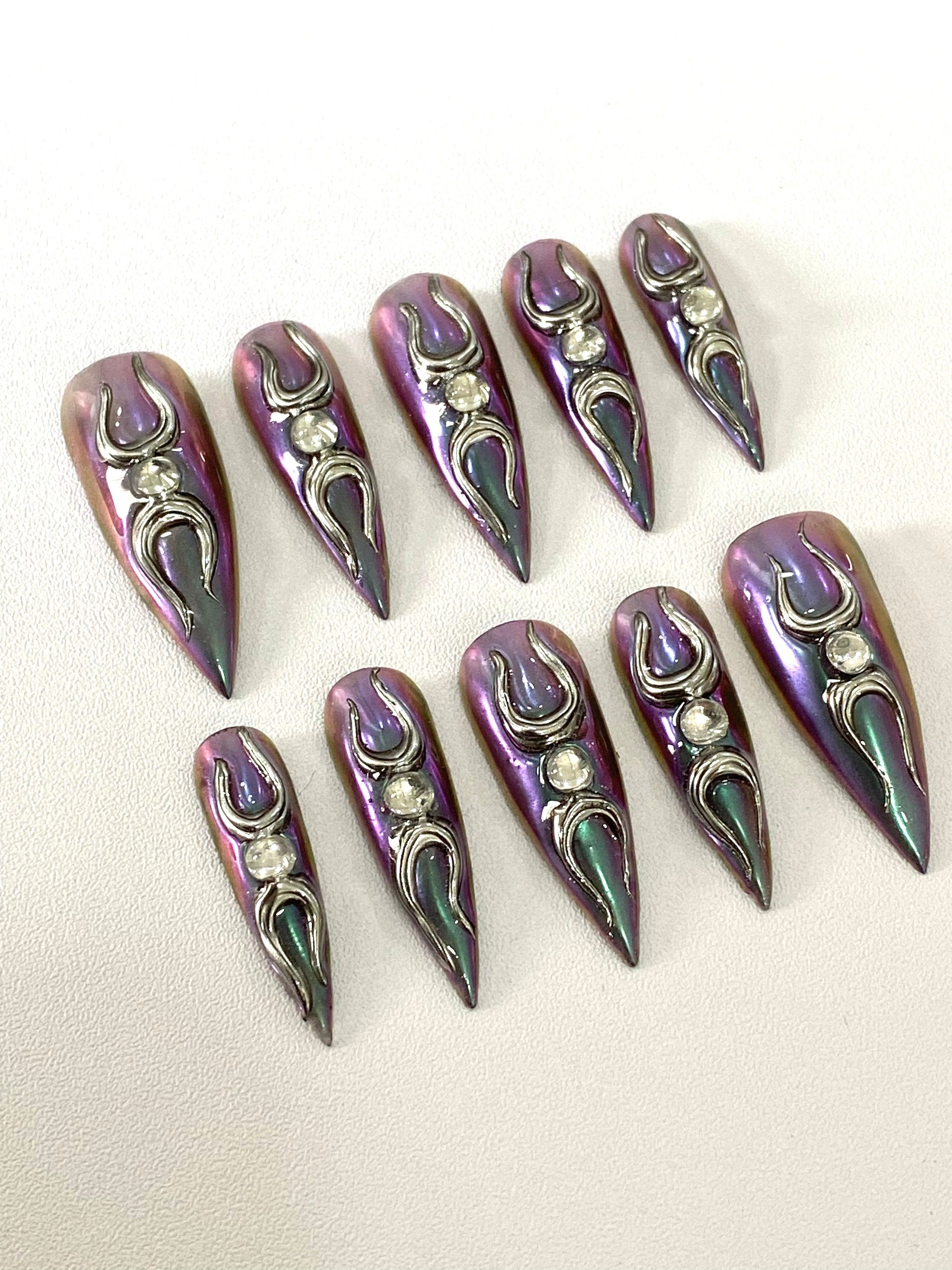 Handmade Gothic Triple Moon Chrome Press-On Nails | Purple Aura Stiletto Nails | Witchcore Alternative Nail Set