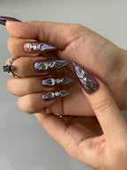 Handmade Gothic Triple Moon Chrome Press-On Nails | Purple Aura Stiletto Nails | Witchcore Alternative Nail Set