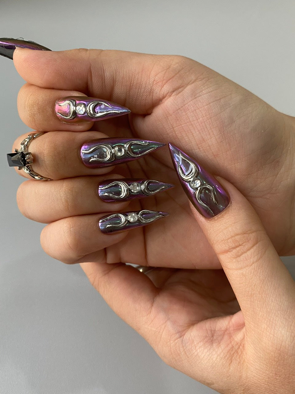 Moonveil Chrome Press-On Nails – Handmade Gothic Purple Aura Stiletto Nail Set
