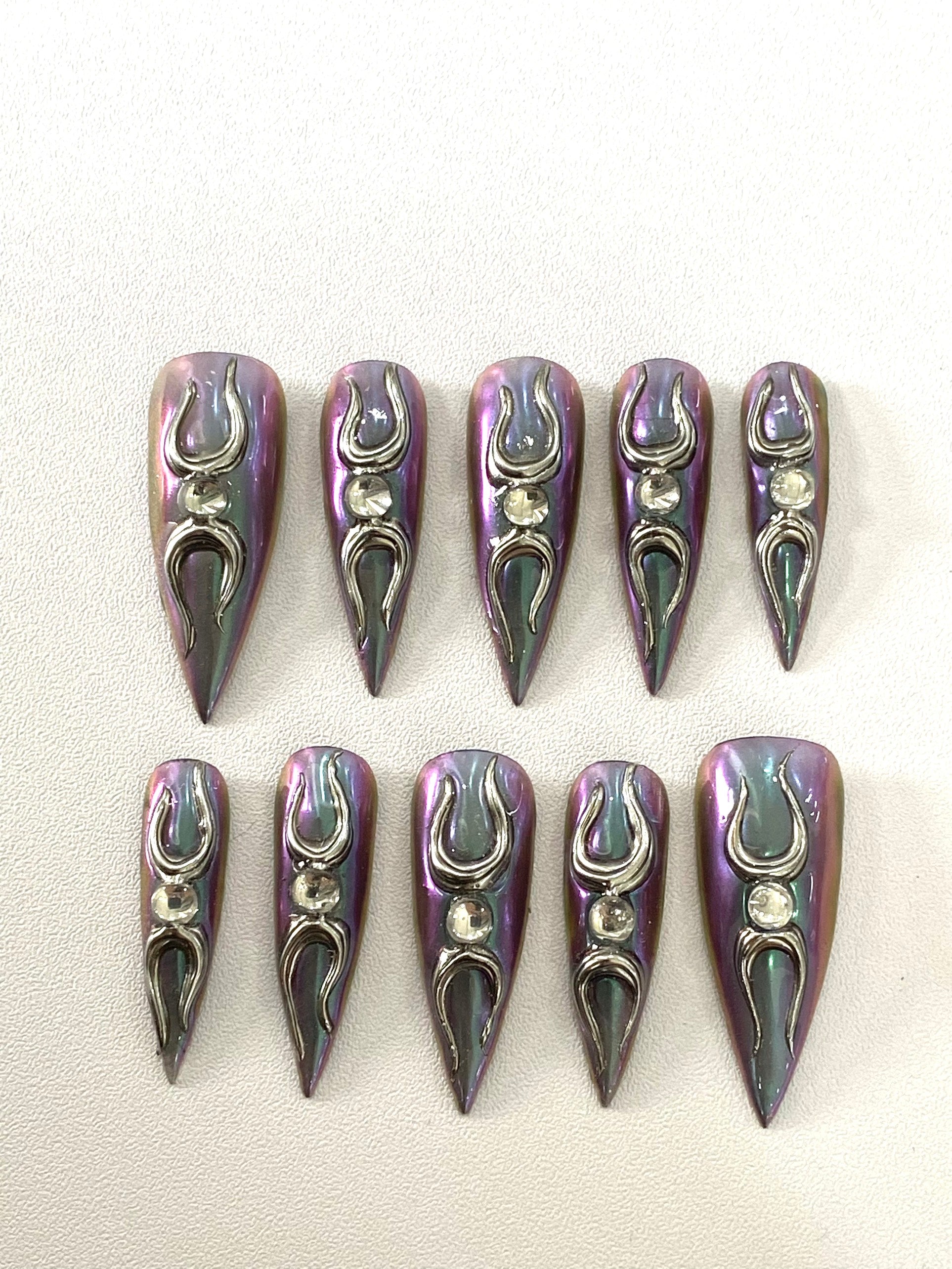 Moonveil Chrome Press-On Nails – Handmade Gothic Purple Aura Stiletto Nail Set