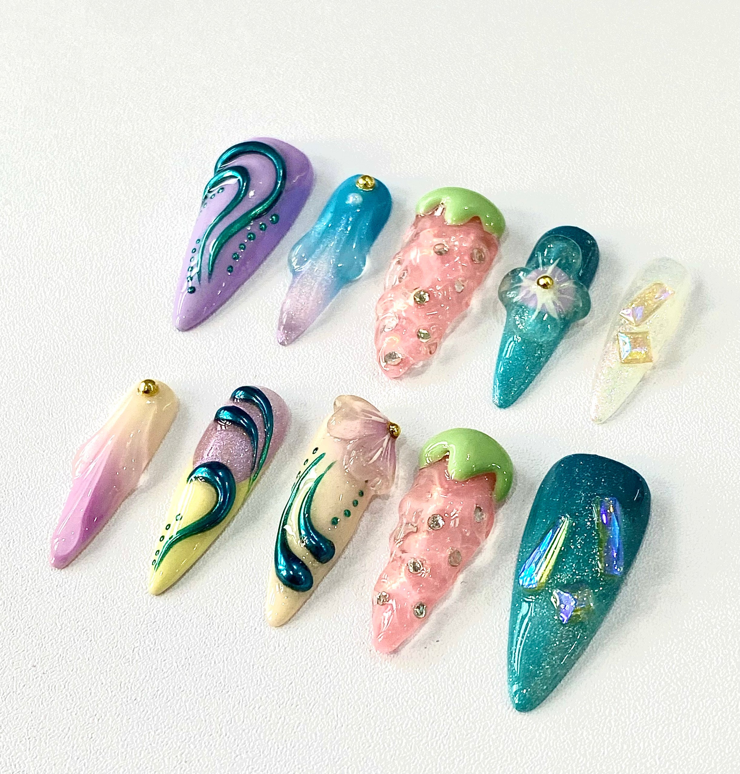Handmade Pastel Y2K 3D Press-On Nails | Kawaii Jelly Stiletto Nails | Fairycore Chrome Nail Set