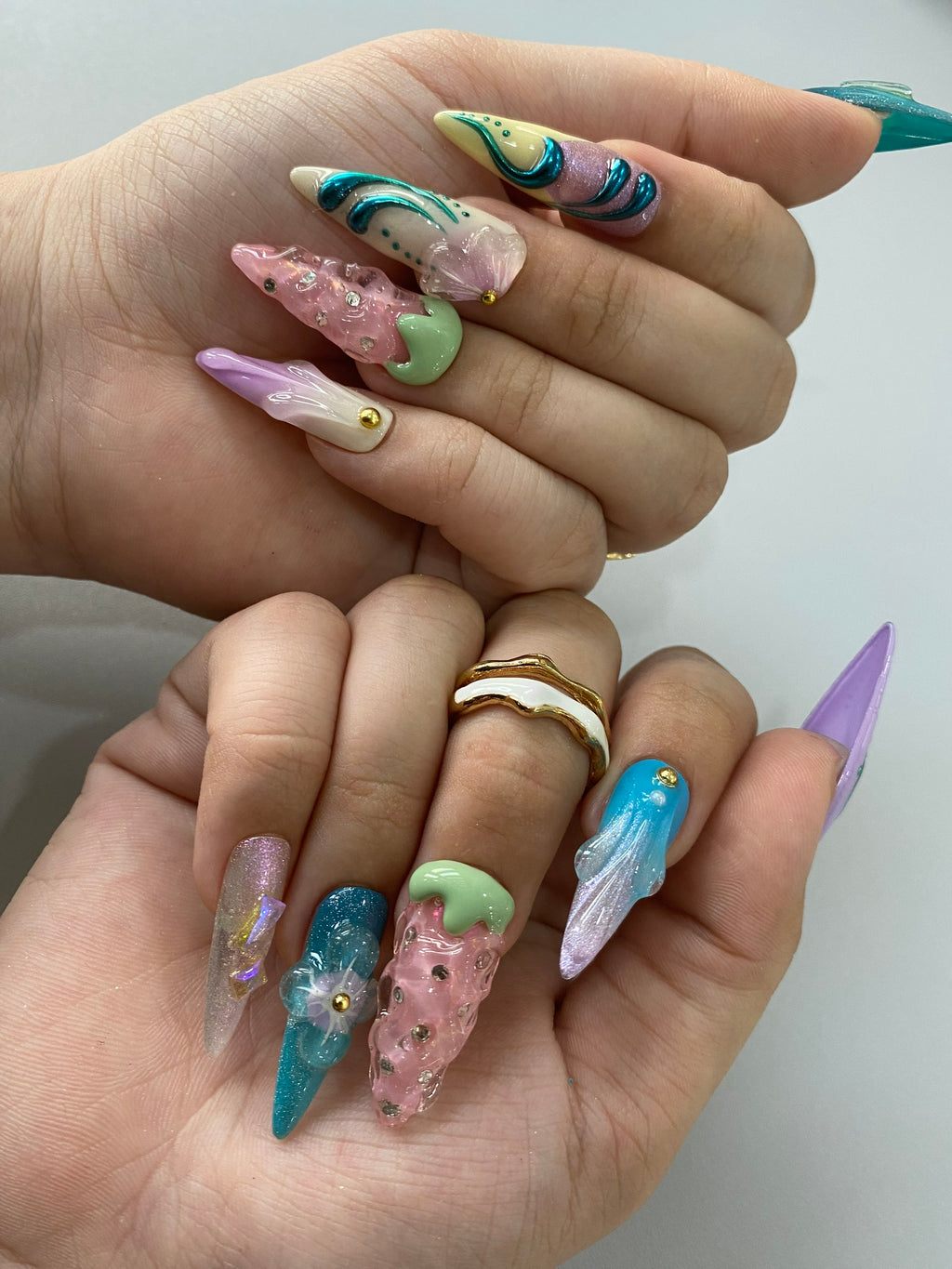 Handmade Pastel Y2K 3D Press-On Nails | Kawaii Jelly Stiletto Nails | Fairycore Chrome Nail Set