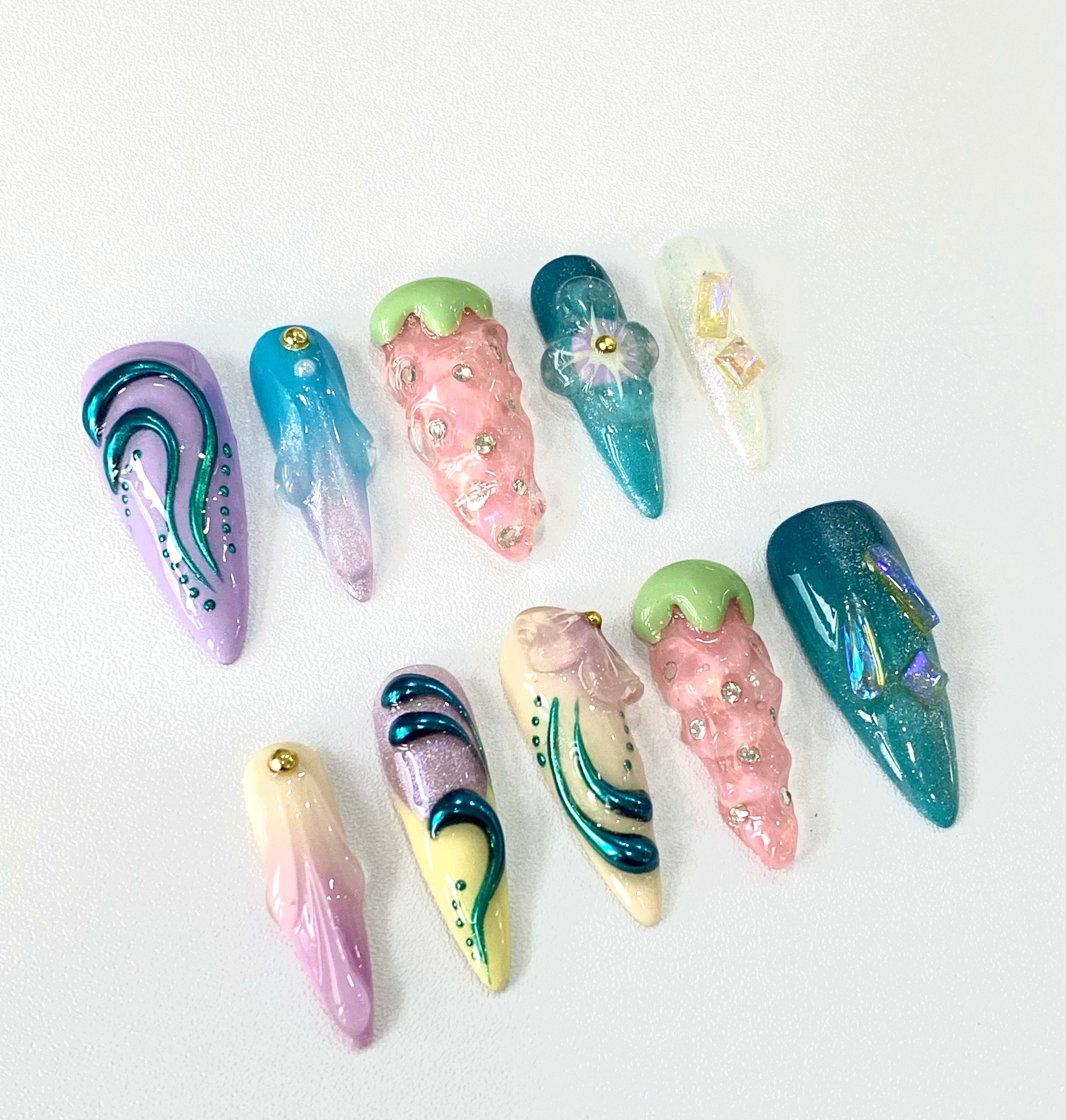 Handmade Pastel Y2K 3D Press-On Nails | Kawaii Jelly Stiletto Nails | Fairycore Chrome Nail Set