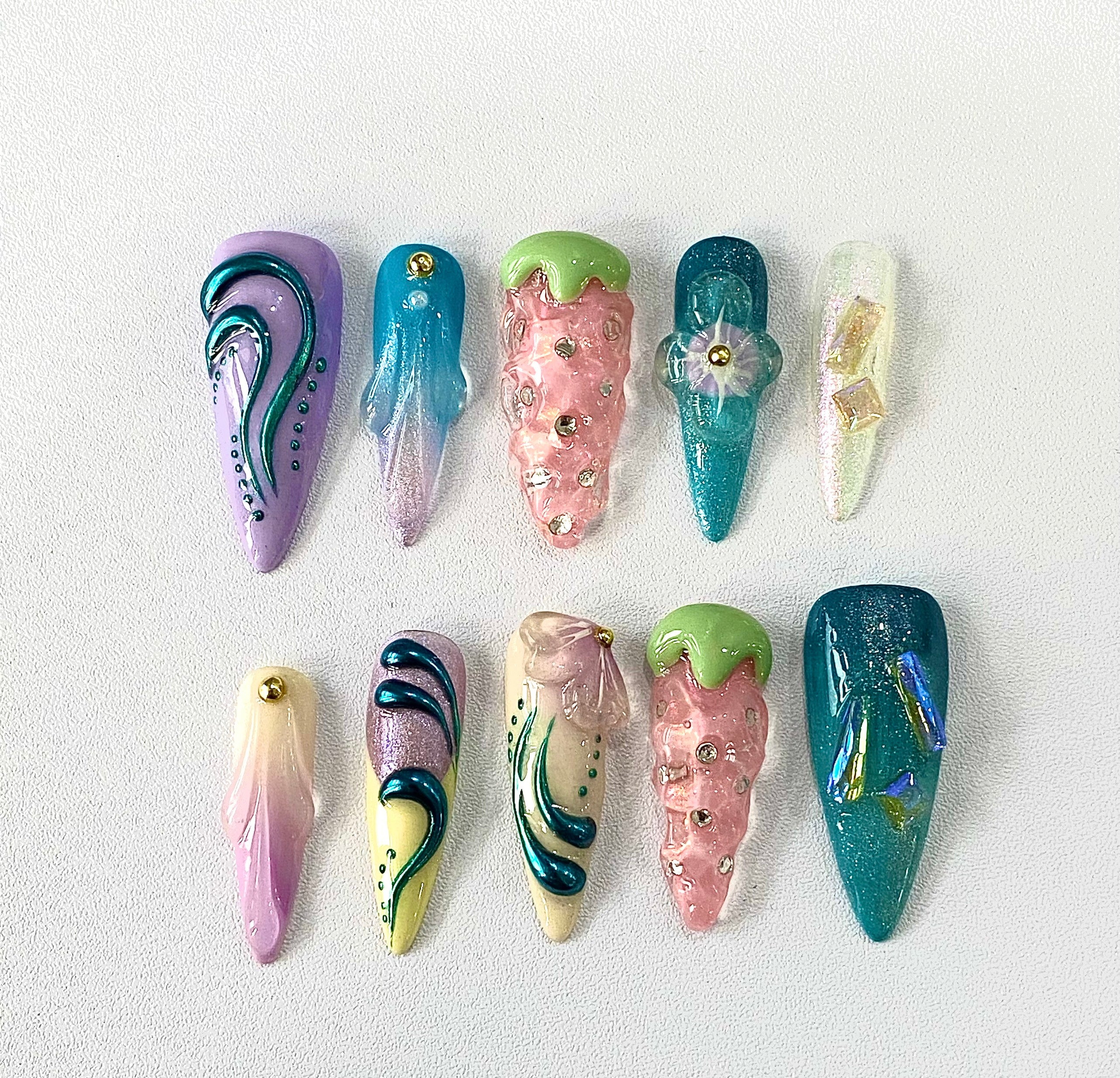 Handmade Pastel Y2K 3D Press-On Nails | Kawaii Jelly Stiletto Nails | Fairycore Chrome Nail Set