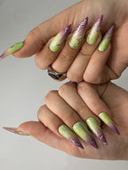 Handmade Lime Aura Chrome Press-On Nails | Green Purple Ombre Stiletto Nails | Abstract Y2K Nail Set