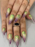 Handmade Lime Aura Chrome Press-On Nails | Green Purple Ombre Stiletto Nails | Abstract Y2K Nail Set