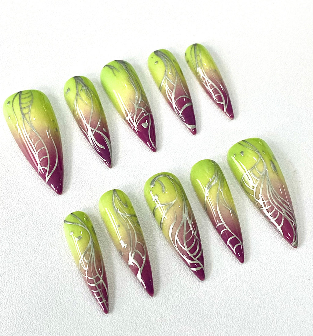 Handmade Lime Aura Chrome Press-On Nails | Green Purple Ombre Stiletto Nails | Abstract Y2K Nail Set