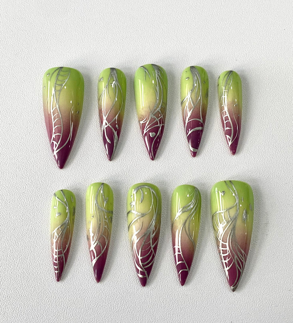 Handmade Lime Aura Chrome Press-On Nails | Green Purple Ombre Stiletto Nails | Abstract Y2K Nail Set