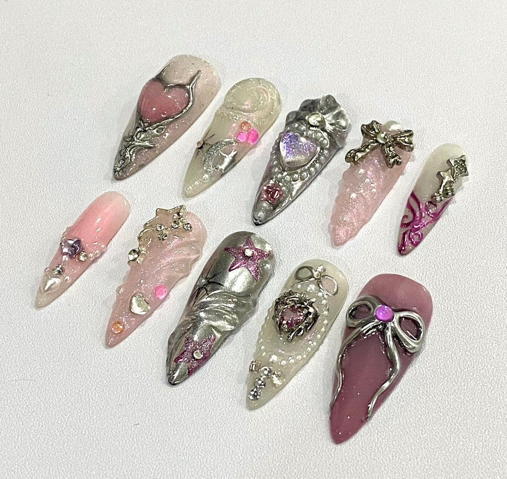 Handmade Coquette Heart Press-On Nails | Pink Fairycore 3D Bow Stiletto Nails | Princesscore Nail Set