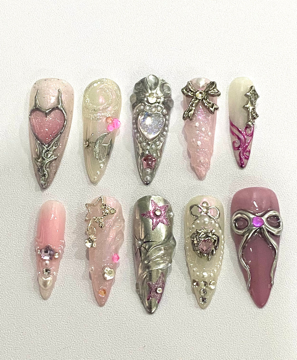 Handmade Coquette Heart Press-On Nails | Pink Fairycore 3D Bow Stiletto Nails | Princesscore Nail Set