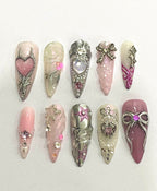 Handmade Coquette Heart Press-On Nails | Pink Fairycore 3D Bow Stiletto Nails | Princesscore Nail Set