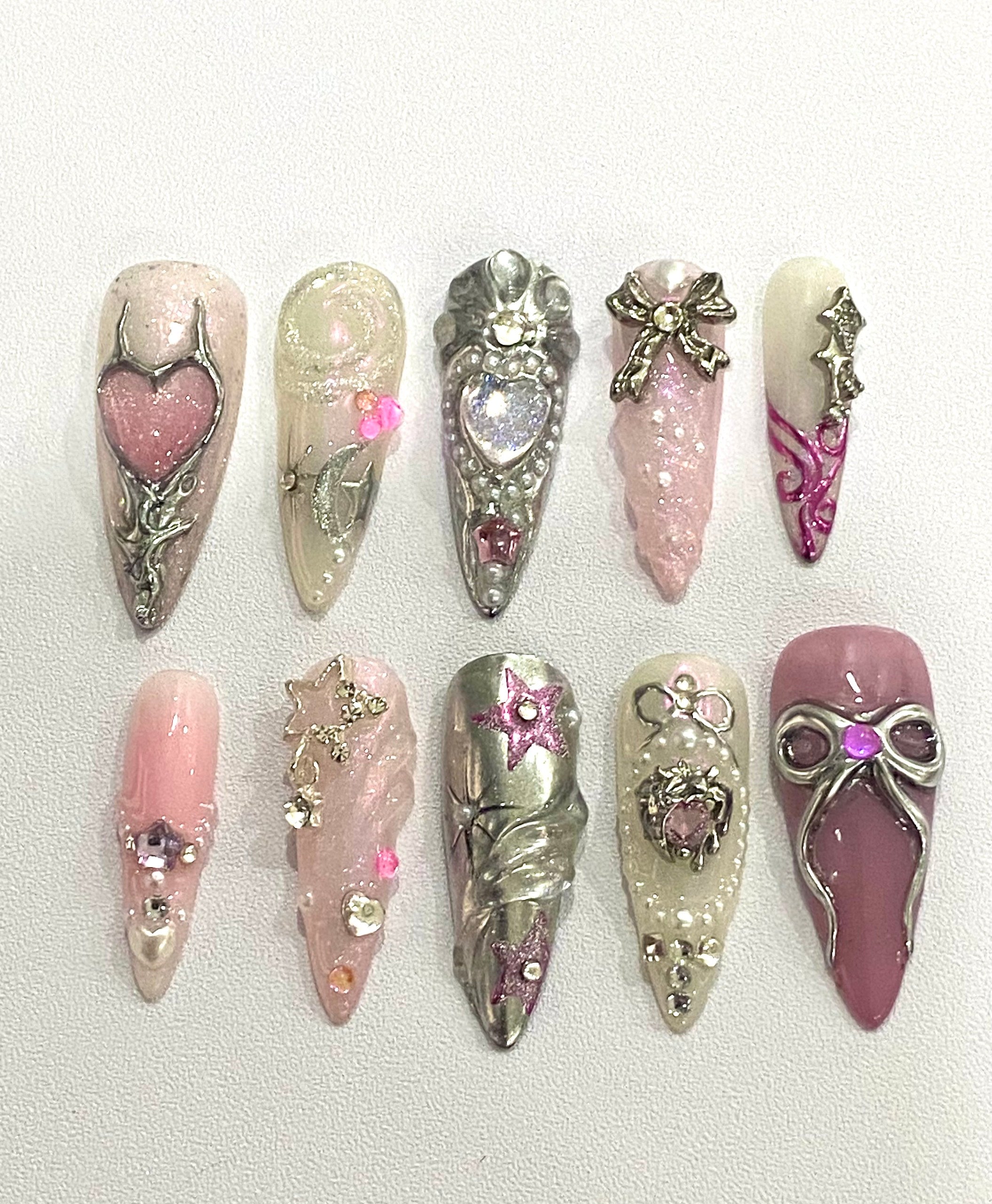 Handmade Coquette Heart Press-On Nails | Pink Fairycore 3D Bow Stiletto Nails | Princesscore Nail Set