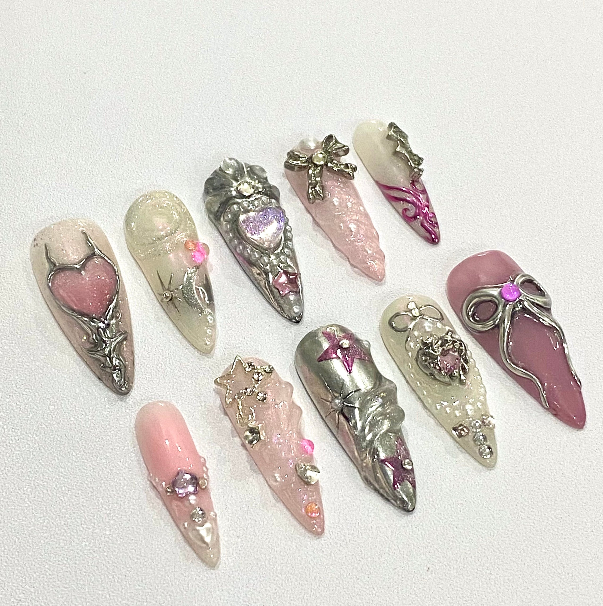 Handmade Coquette Heart Press-On Nails | Pink Fairycore 3D Bow Stiletto Nails | Princesscore Nail Set