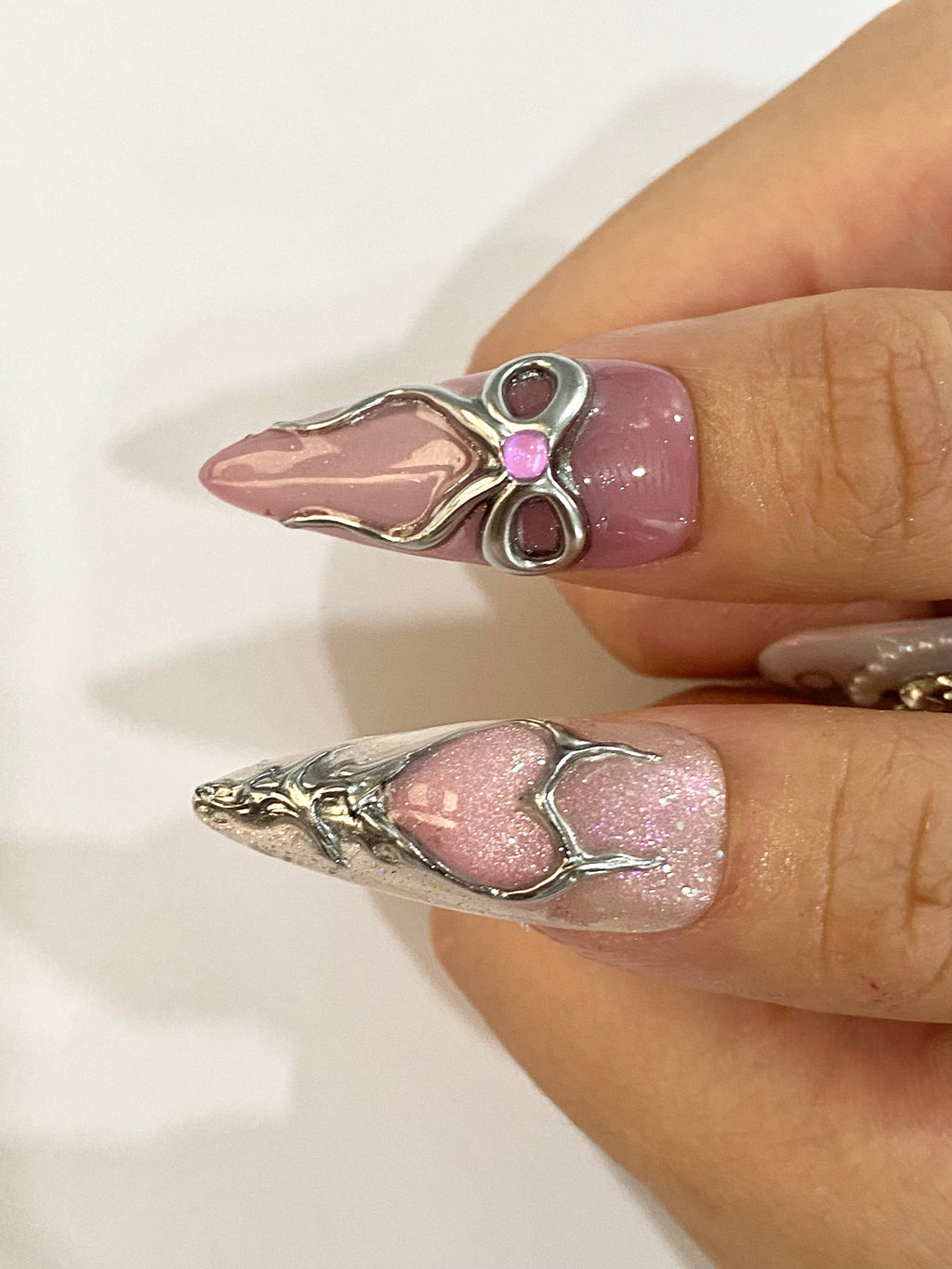 Handmade Coquette Heart Press-On Nails | Pink Fairycore 3D Bow Stiletto Nails | Princesscore Nail Set