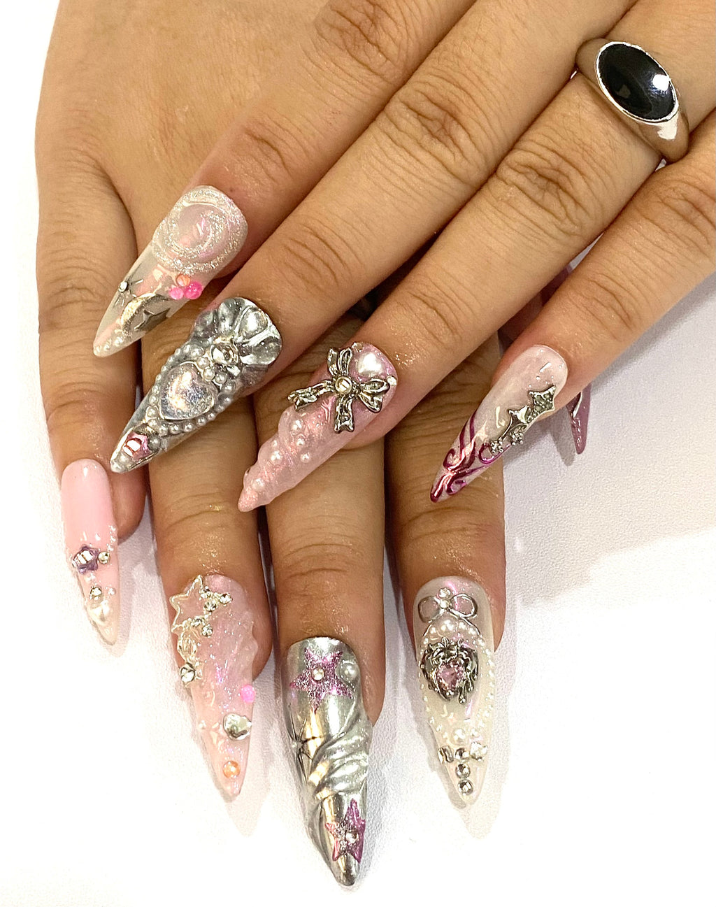 Handmade Coquette Heart Press-On Nails | Pink Fairycore 3D Bow Stiletto Nails | Princesscore Nail Set