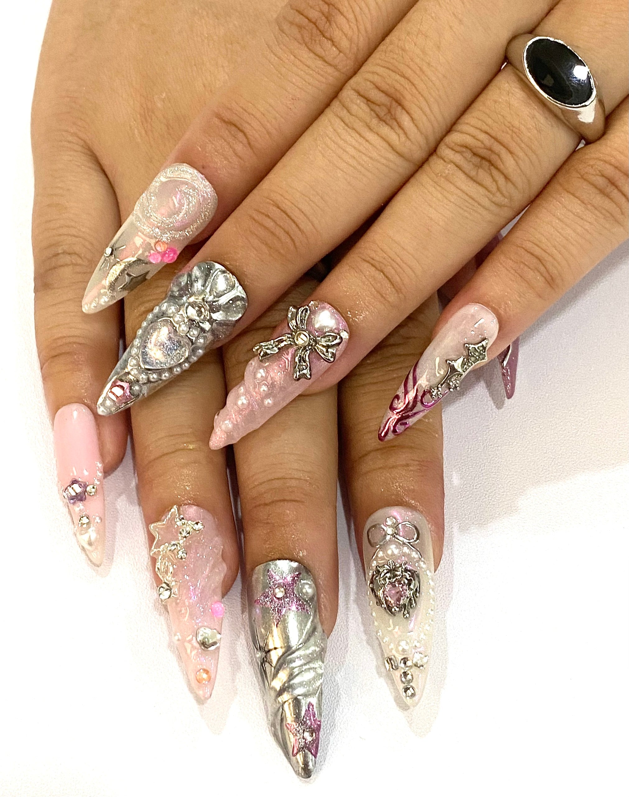 Handmade Coquette Heart Press-On Nails | Pink Fairycore 3D Bow Stiletto Nails | Princesscore Nail Set