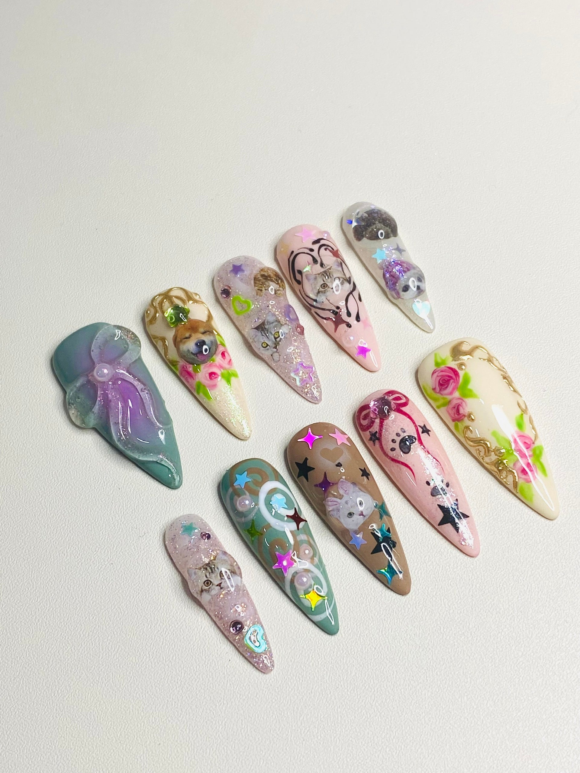 Handmade Kawaii Cartoon Press-On Nails | 3D Jelly Cat & Puppy Stiletto Nails | Cute Fairycore Nail Set
