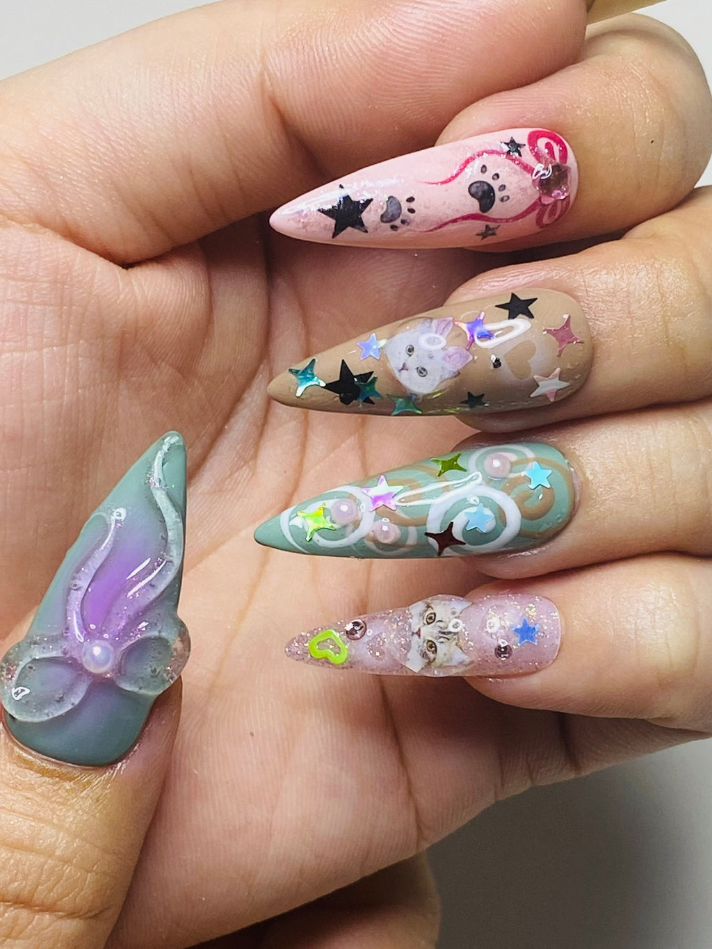 Handmade Kawaii Cartoon Press-On Nails | 3D Jelly Cat & Puppy Stiletto Nails | Cute Fairycore Nail Set