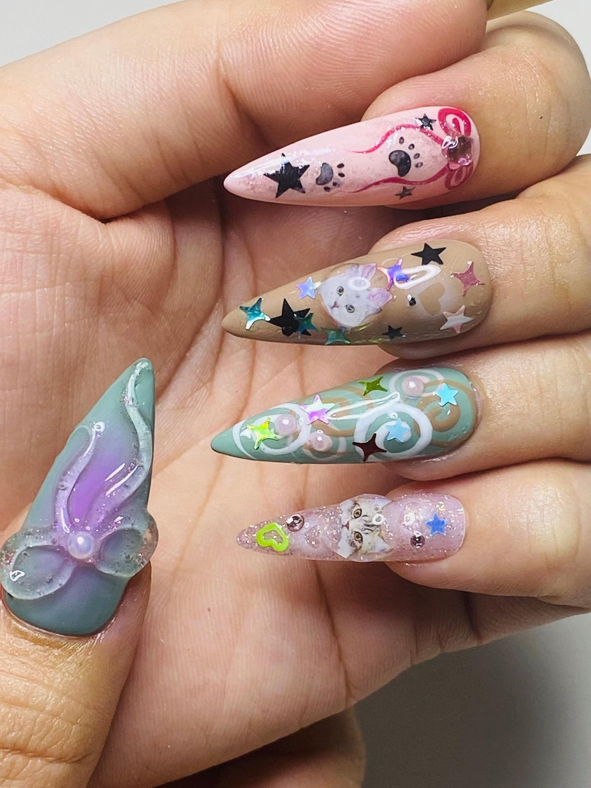 Handmade Kawaii Cartoon Press-On Nails | 3D Jelly Cat & Puppy Stiletto Nails | Cute Fairycore Nail Set