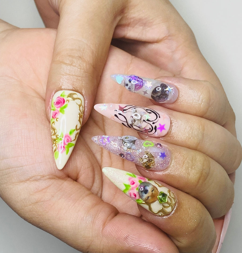 Handmade Kawaii Cartoon Press-On Nails | 3D Jelly Cat & Puppy Stiletto Nails | Cute Fairycore Nail Set