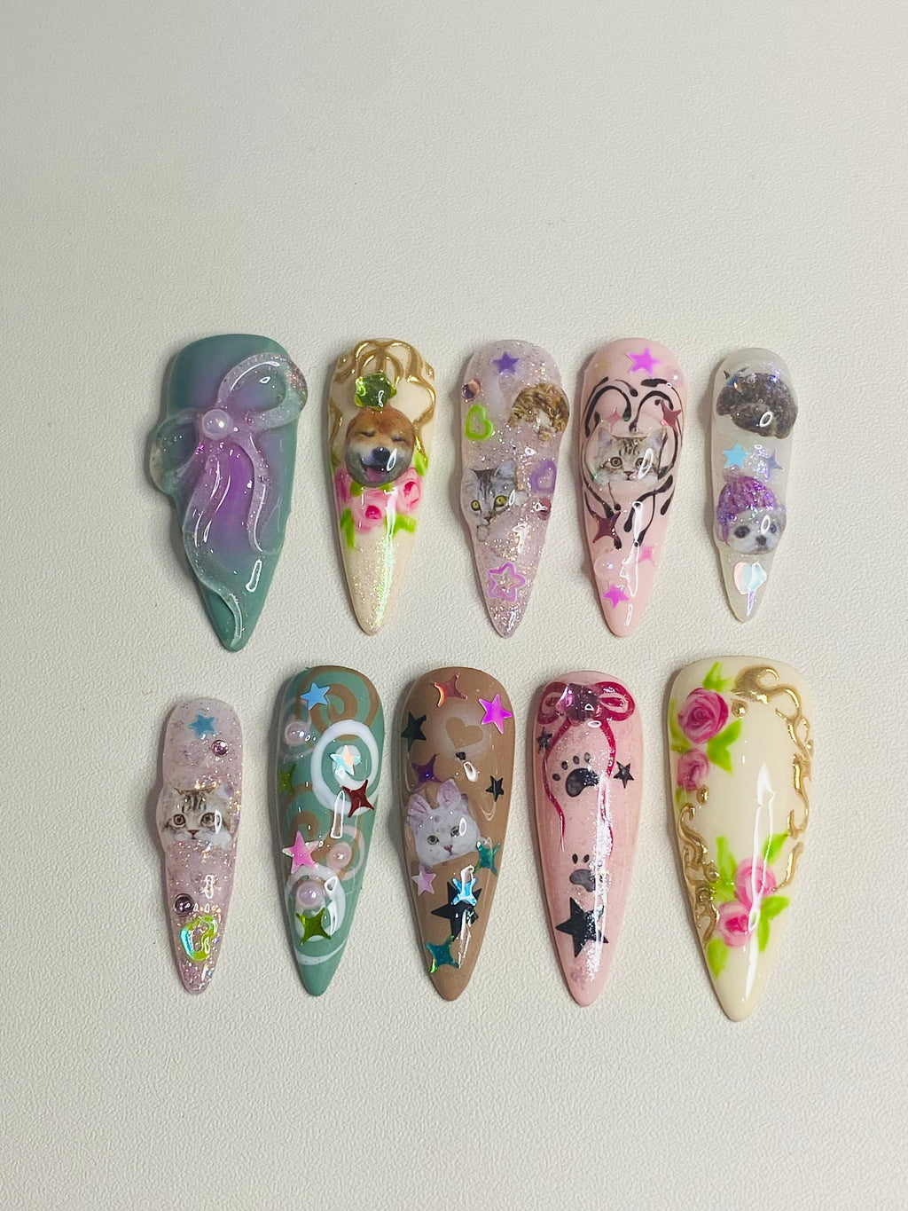 Handmade Kawaii Cartoon Press-On Nails | 3D Jelly Cat & Puppy Stiletto Nails | Cute Fairycore Nail Set
