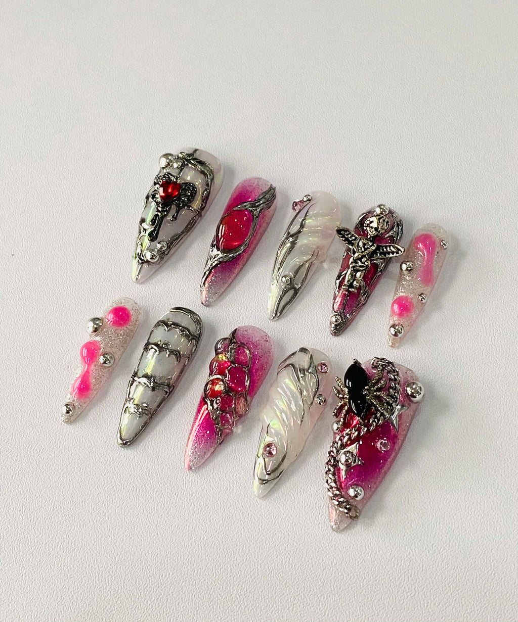 Handmade Gothic Coquette Press-On Nails | Pink Chrome Cupid Stiletto Nails | Dark Romance Nail Set