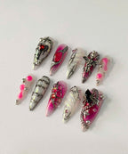 Handmade Gothic Coquette Press-On Nails | Pink Chrome Cupid Stiletto Nails | Dark Romance Nail Set