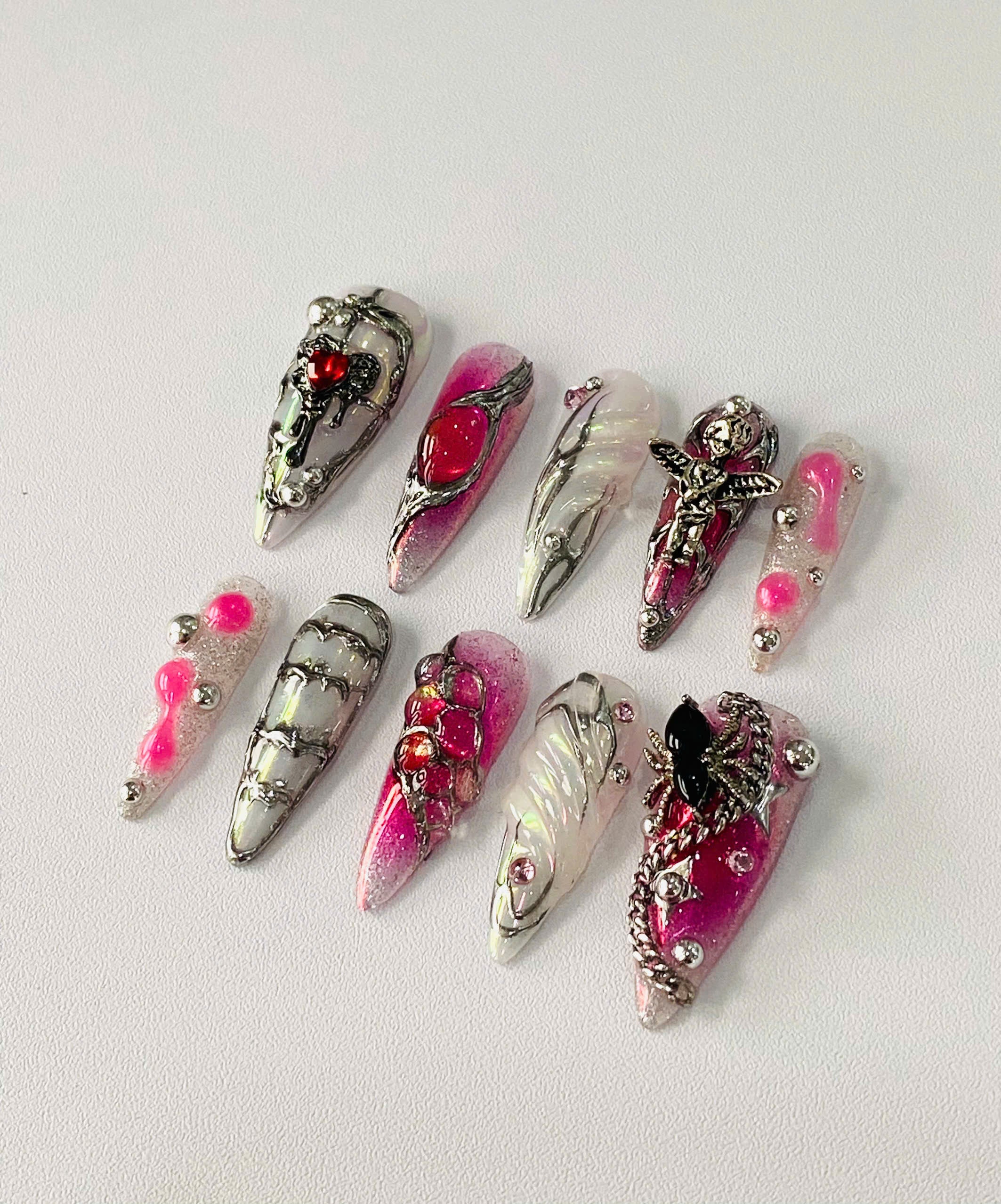 Handmade Gothic Coquette Press-On Nails | Pink Chrome Cupid Stiletto Nails | Dark Romance Nail Set