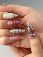 Handmade Gothic Coquette Press-On Nails | Pink Chrome Cupid Stiletto Nails | Dark Romance Nail Set