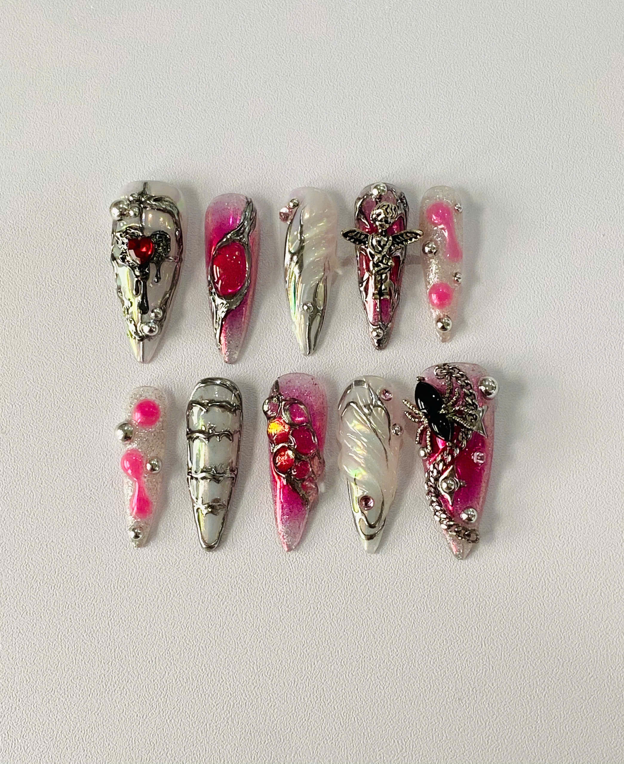 Handmade Gothic Coquette Press-On Nails | Pink Chrome Cupid Stiletto Nails | Dark Romance Nail Set