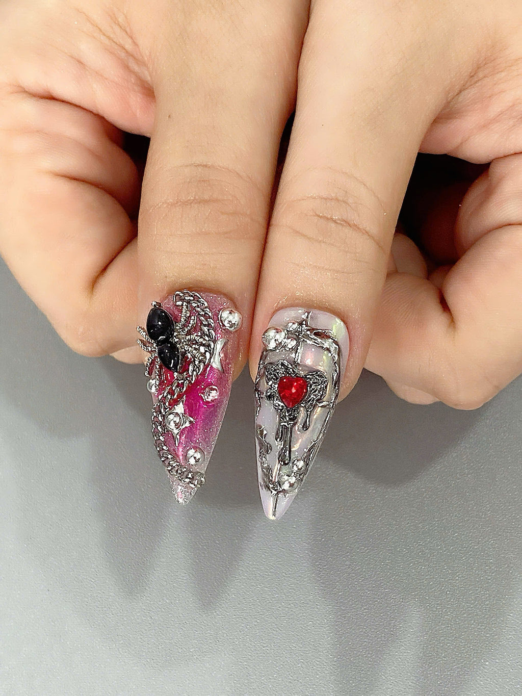 Handmade Gothic Coquette Press-On Nails | Pink Chrome Cupid Stiletto Nails | Dark Romance Nail Set