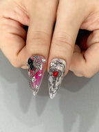 Handmade Gothic Coquette Press-On Nails | Pink Chrome Cupid Stiletto Nails | Dark Romance Nail Set
