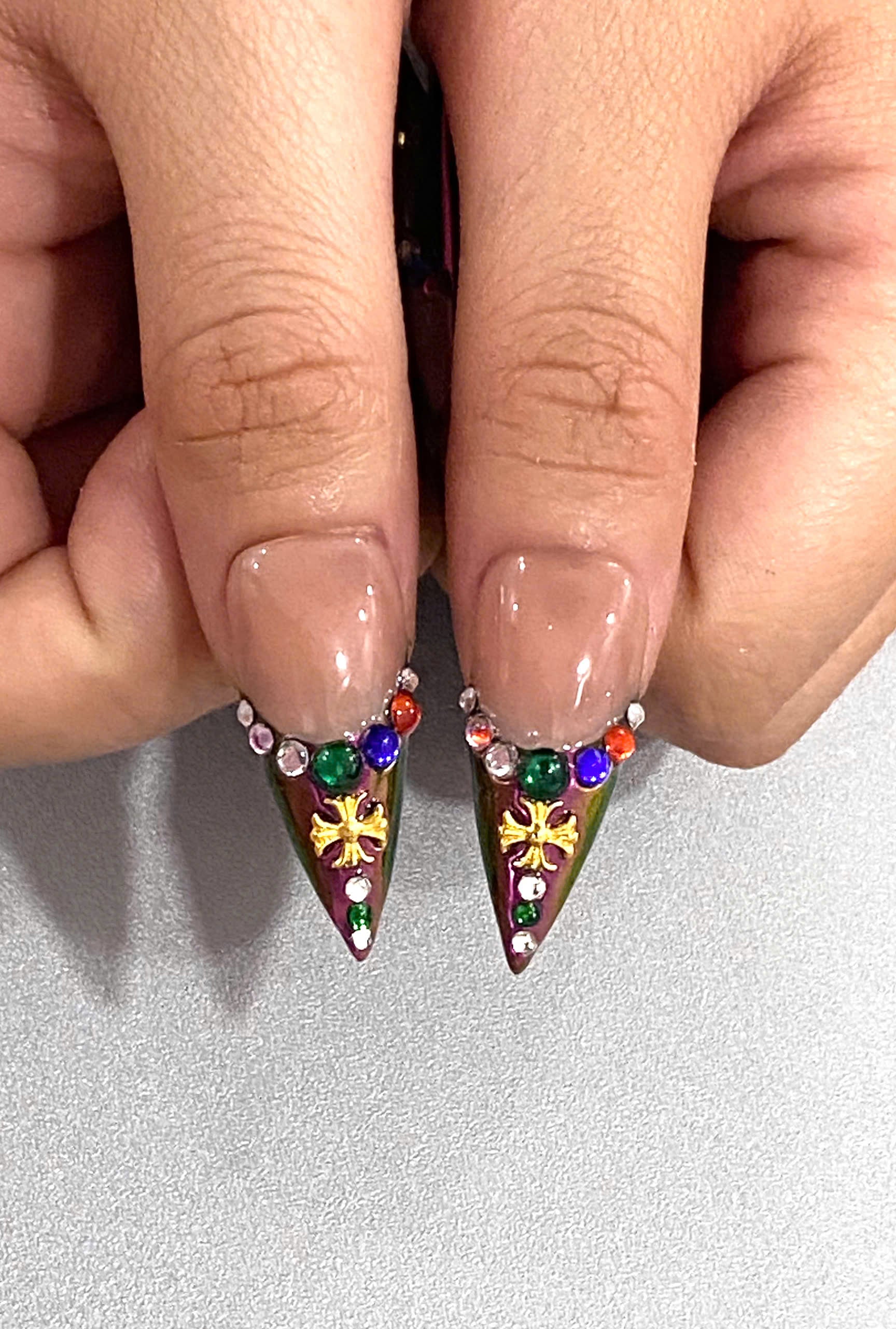 Handmade Royalcore French Tip Press-On Nails | Vintage Gold Heart Chrome Stiletto Nails | Luxury Nail Set