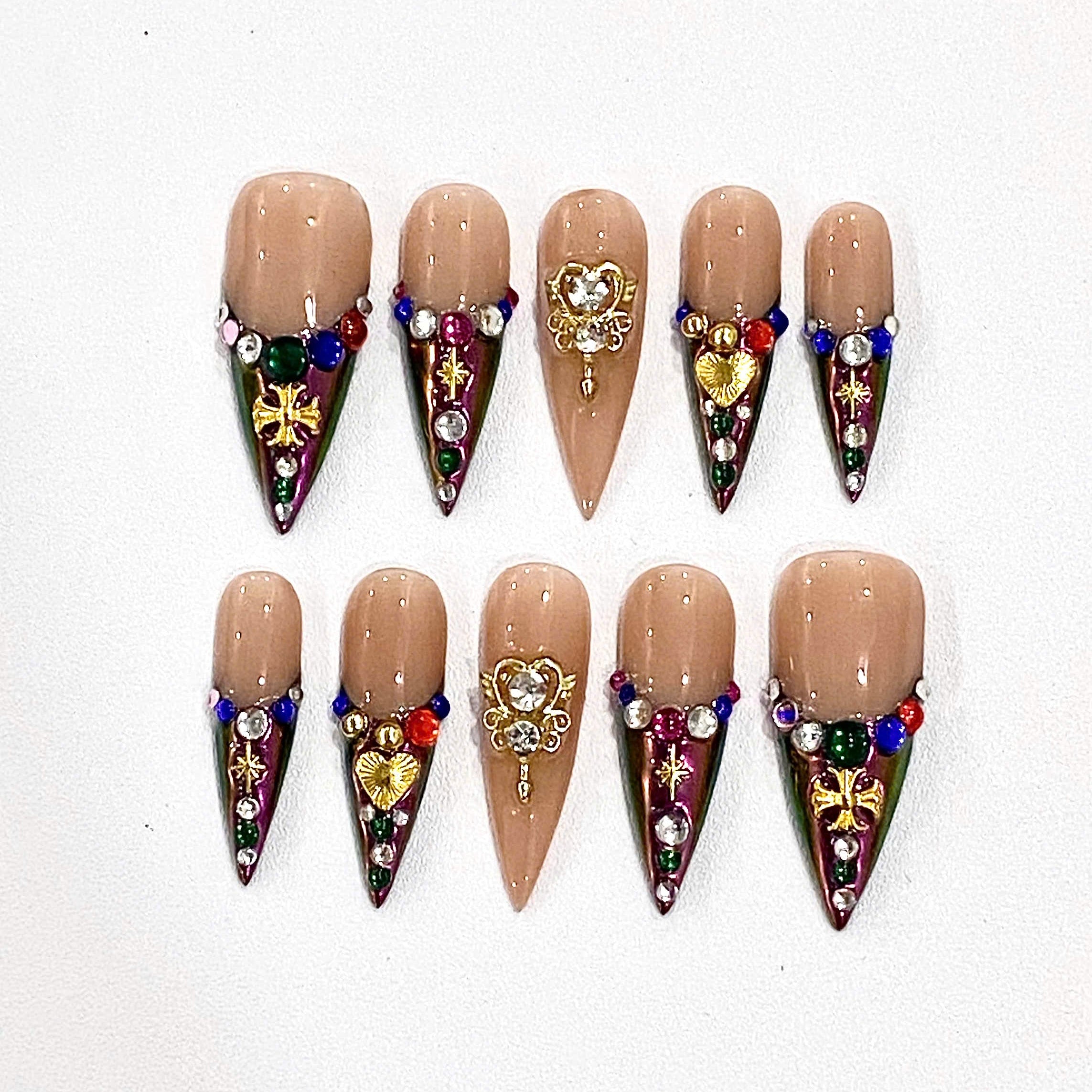 Handmade Royalcore French Tip Press-On Nails | Vintage Gold Heart Chrome Stiletto Nails | Luxury Nail Set