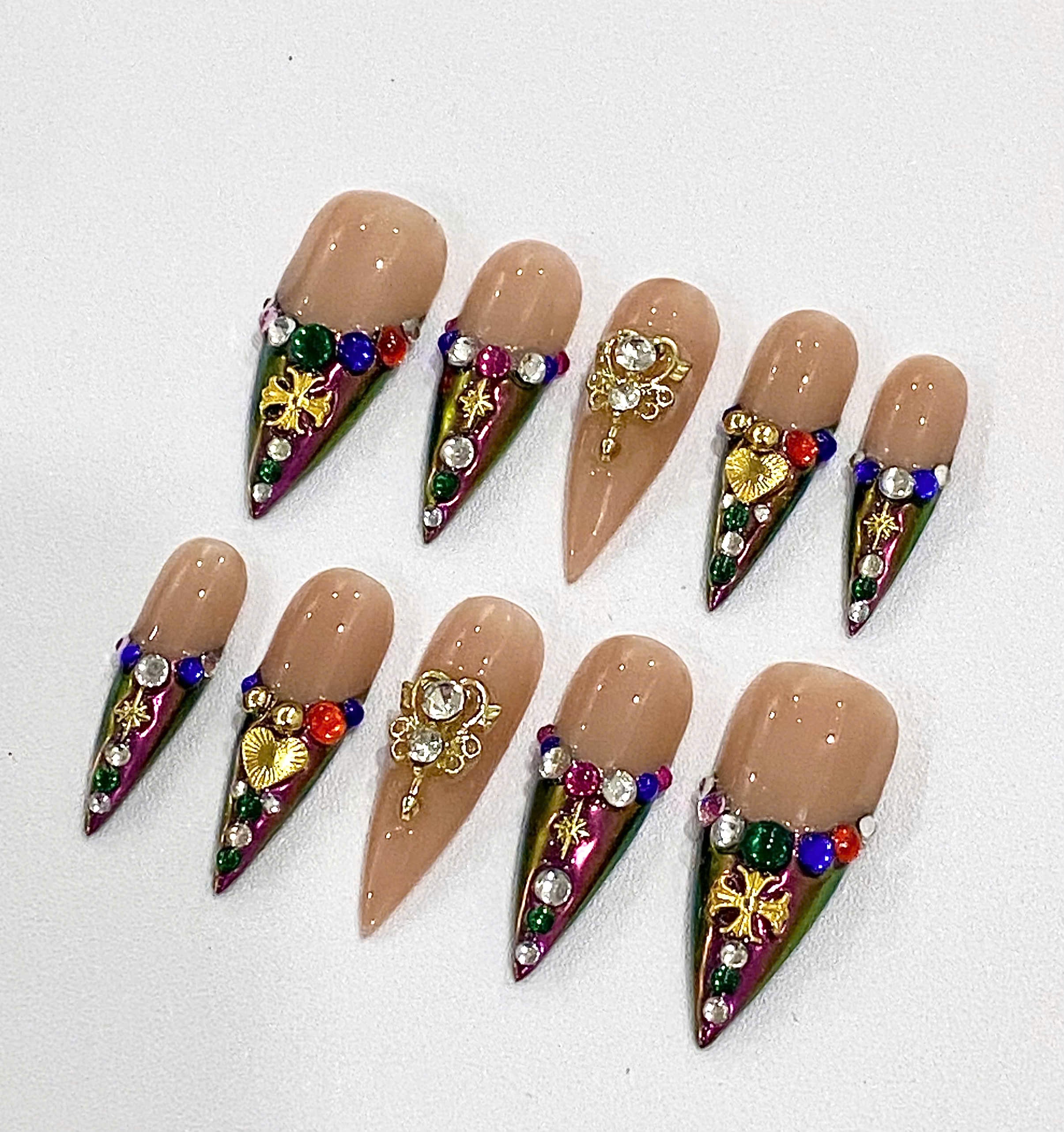 Handmade Royalcore French Tip Press-On Nails | Vintage Gold Heart Chrome Stiletto Nails | Luxury Nail Set