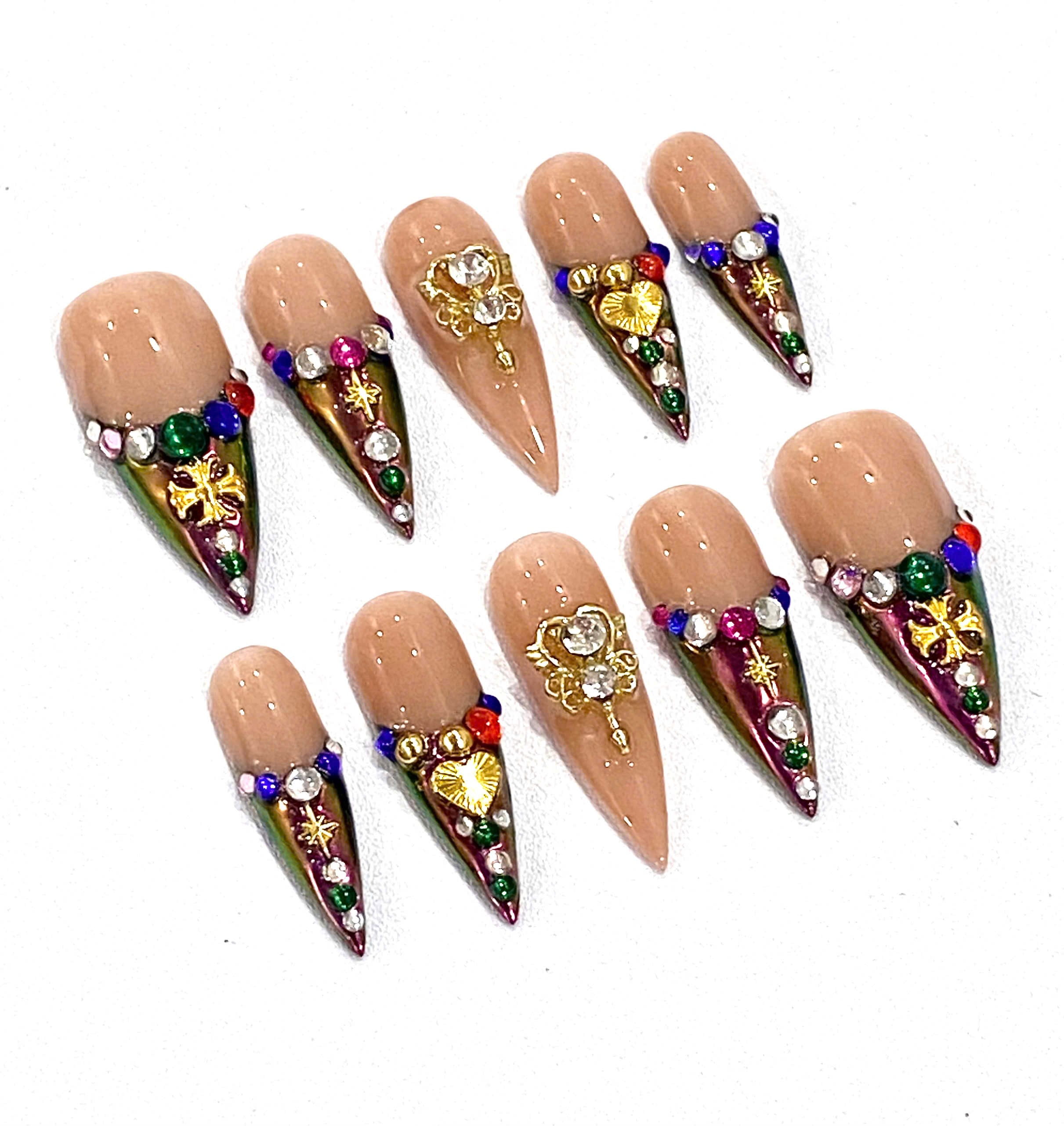 Handmade Royalcore French Tip Press-On Nails | Vintage Gold Heart Chrome Stiletto Nails | Luxury Nail Set
