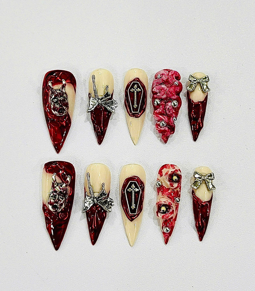 Handmade Gothic Vampire Press-On Nails | Blood Red Coffin Stiletto Nails | Horrorcore Halloween Nail Set