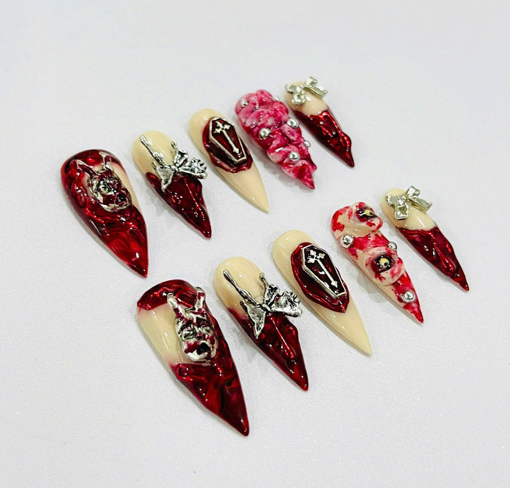 Handmade Gothic Vampire Press-On Nails | Blood Red Coffin Stiletto Nails | Horrorcore Halloween Nail Set