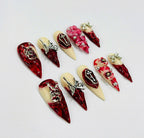 Handmade Gothic Vampire Press-On Nails | Blood Red Coffin Stiletto Nails | Horrorcore Halloween Nail Set