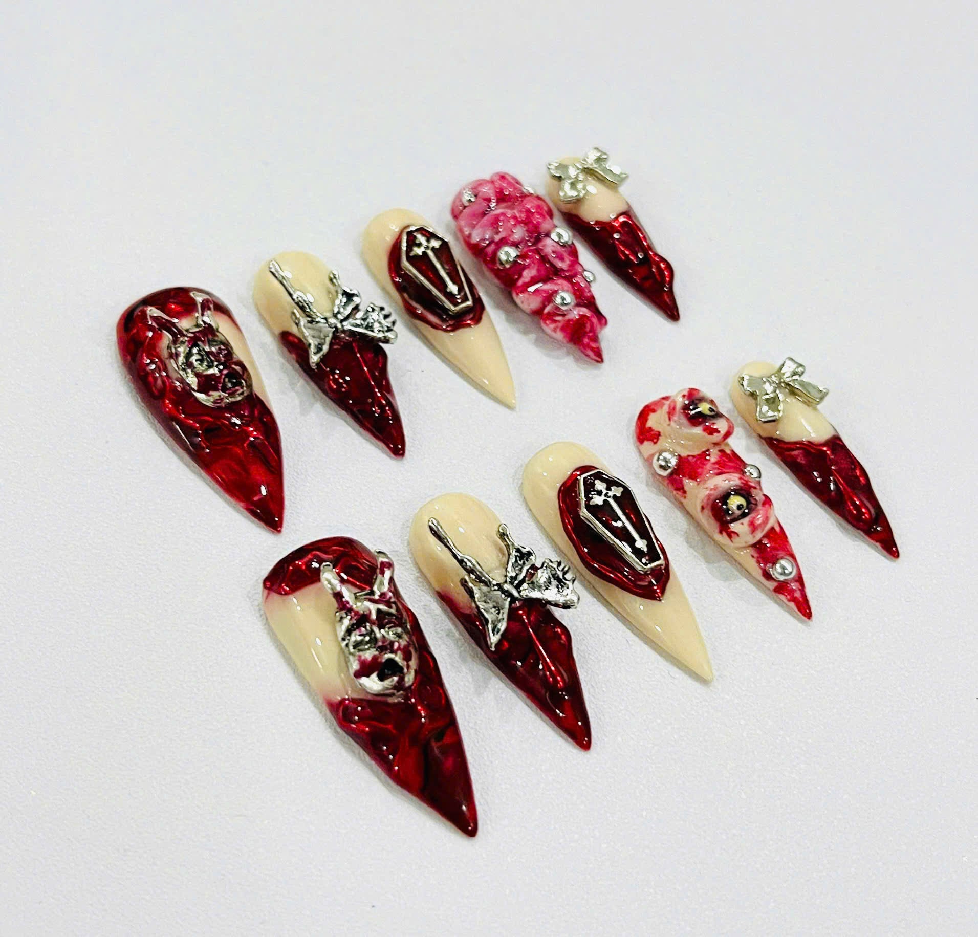 Handmade Gothic Vampire Press-On Nails | Blood Red Coffin Stiletto Nails | Horrorcore Halloween Nail Set