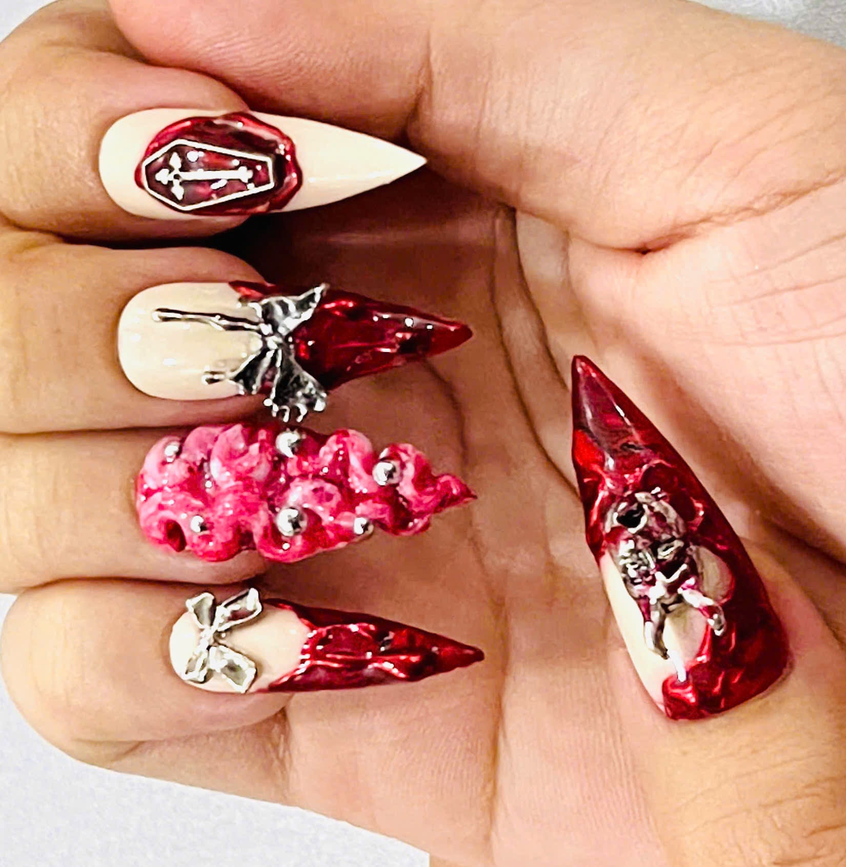 Handmade Gothic Vampire Press-On Nails | Blood Red Coffin Stiletto Nails | Horrorcore Halloween Nail Set