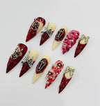 Handmade Gothic Vampire Press-On Nails | Blood Red Coffin Stiletto Nails | Horrorcore Halloween Nail Set