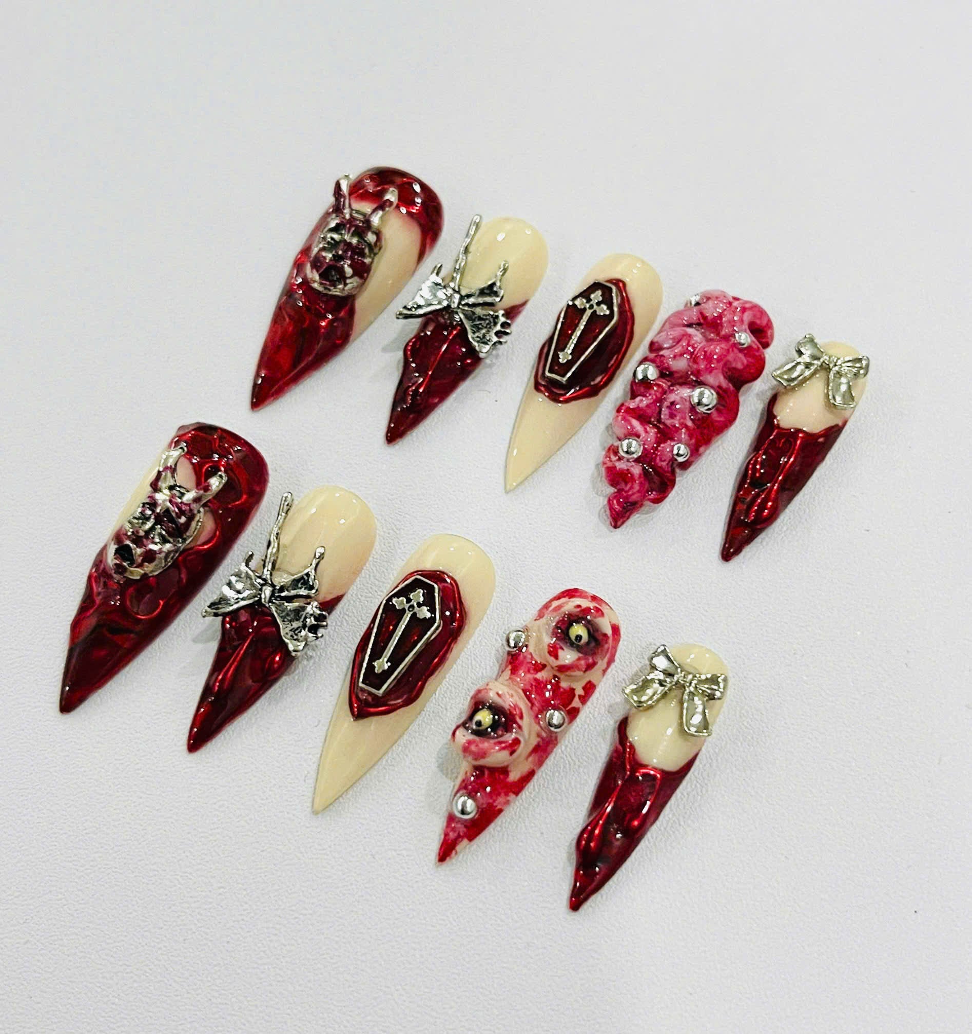 Handmade Gothic Vampire Press-On Nails | Blood Red Coffin Stiletto Nails | Horrorcore Halloween Nail Set