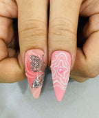 Handmade Pink Butterfly Press-On Nails | Coquette Chrome Pearl Stiletto Nails | Fairycore Luxury Nail Set