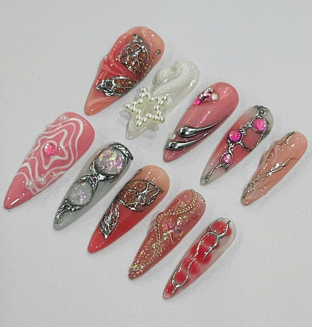 Handmade Pink Butterfly Press-On Nails | Coquette Chrome Pearl Stiletto Nails | Fairycore Luxury Nail Set